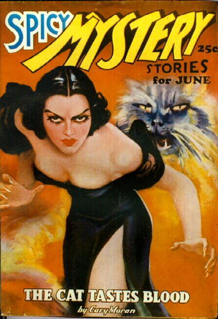 Spicy Mystery Stories, June 1936 - angry cat and angry woman pulp cover - The Cat Tastes Blood