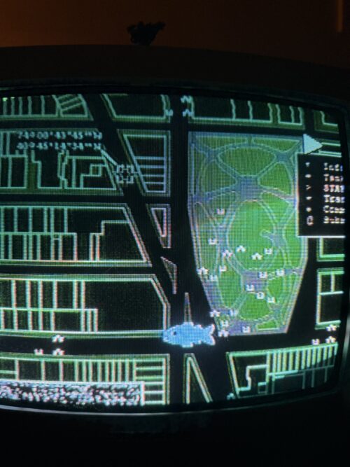 A poorly designed digital map of New York with a giant low res fish at its center 